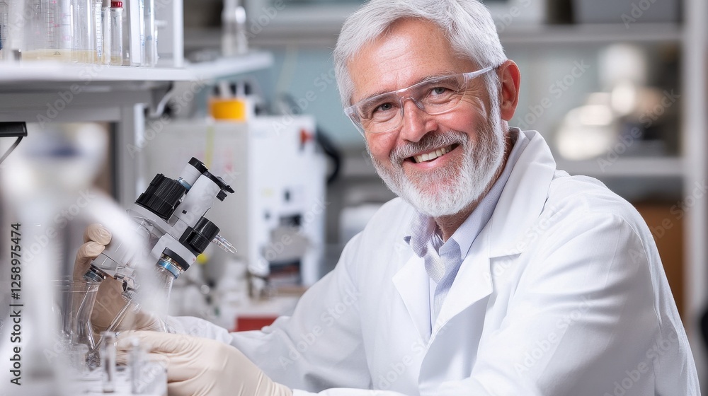 Aufkleber a man in a lab coat is smiling and holding a microscope