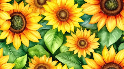 Obraz premium Seamless pattern of bright and cheerful sunflowers with soft watercolor shading and cartoon-style outlines, bright cheerful floral designs for nature lovers and fabric prints