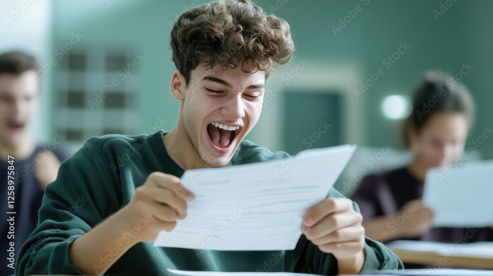 Poster a young man is smiling and laughing while reading a piece of paper
