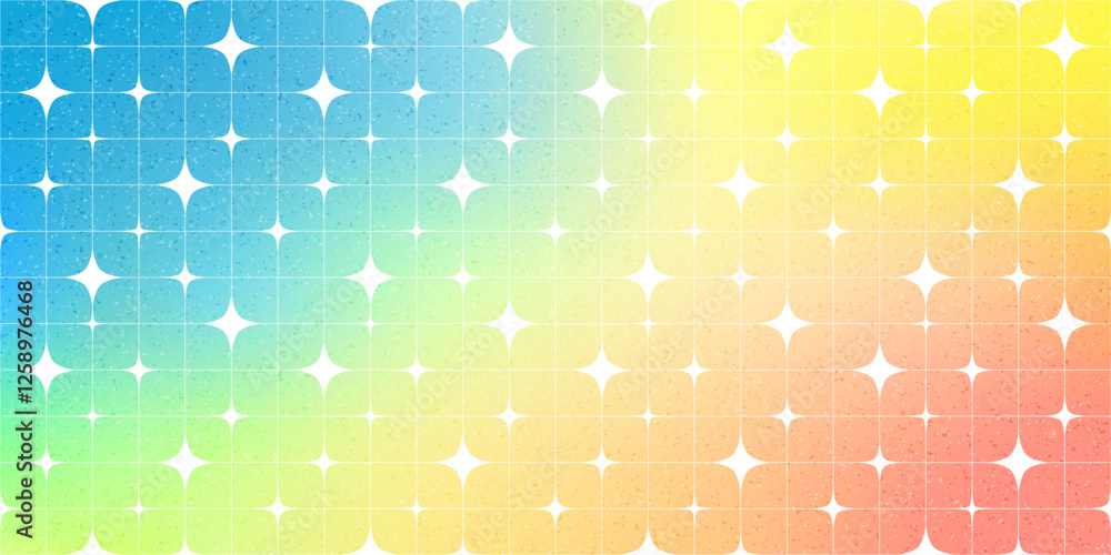 Poster Y2K Background with Gradient, Noise and Sparkling Star Pattern. Abstract Vector Geometric Bg. Magic Star Shapes on a Rainbow Colored Gradient Sky