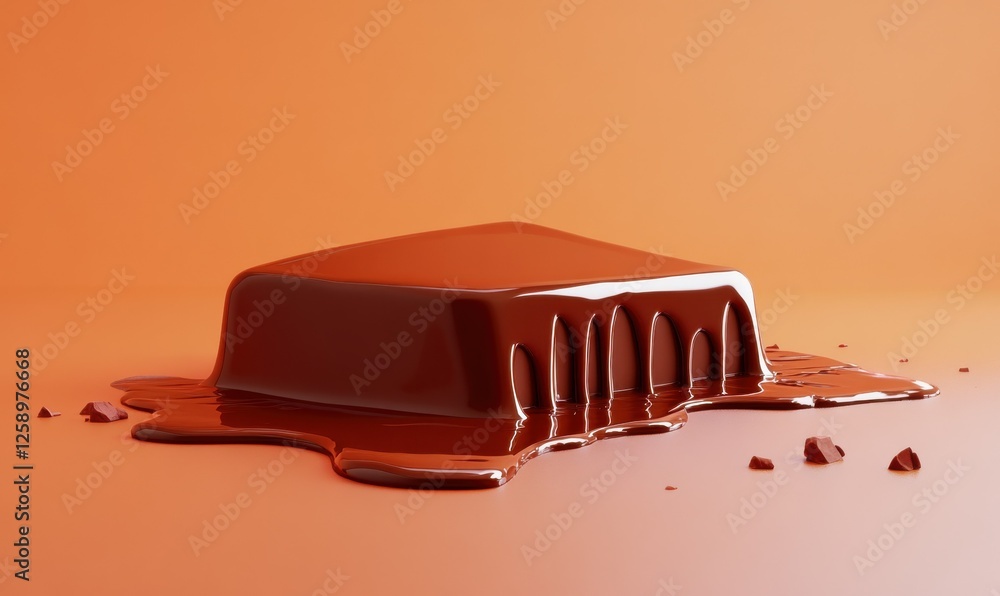 Poster a melting chocolate triangle with shiny drips against a bold coral backdrop, emphasizing indulgence 