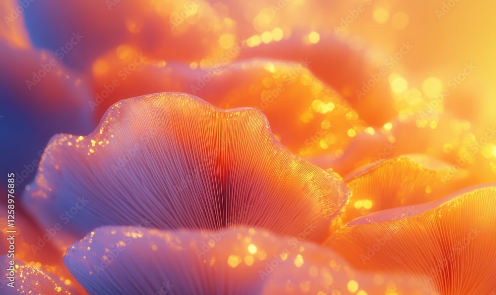 Poster abstract close-up of vibrant mushroom caps illuminated with soft golden light, creating a mesmerizin