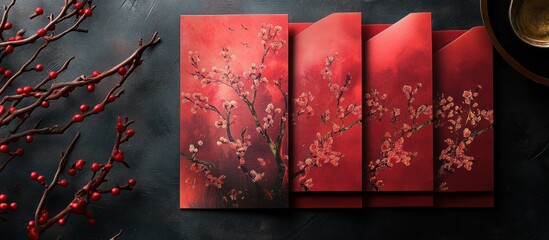 Red envelopes with blossom painting for Lunar New Year.