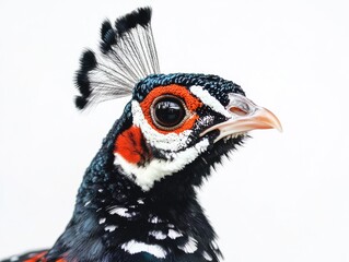 Fototapeta premium Vibrant Peacock Close-Up Isolated on White Background Showcasing Exotic Feather Detail