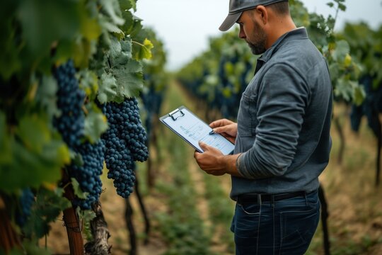 Adult man farmer work and analysis quality on clipboard in the vineyard