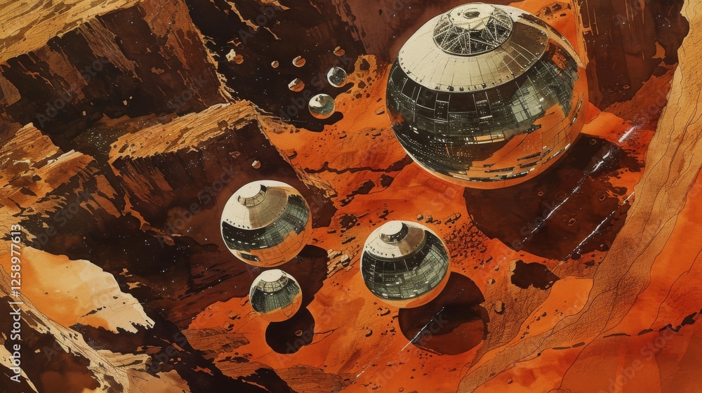 Poster futuristic spherical habitats resting on a rugged martian terrain, showcasing advanced architecture 