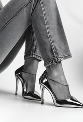 Elegant High Heels with Stylish Jeans in Black and White Photography