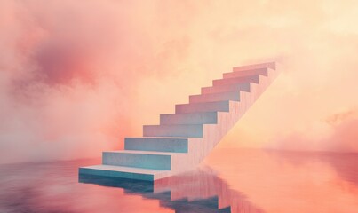 Bold staircase floating into a surreal peach-colored sky, inviting an abstract sense of ascension and curiosity.