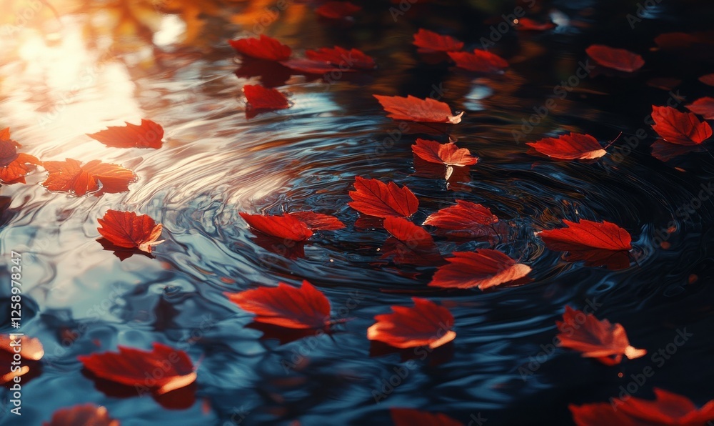 Poster bright red autumn leaves floating on a tranquil stream, with sunlight reflecting off the water's sur