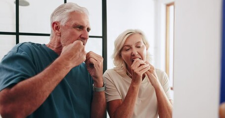 House, floss and senior couple in bathroom, dental health and morning with routine. Teeth whitening, people and man with woman, smile and oral care with wellness, string and cleaning for fresh breath