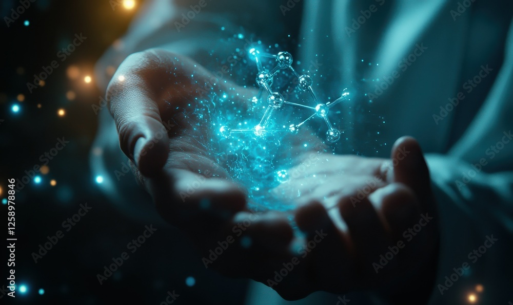 Poster close-up of a man's hand holding a holographic projection of molecular structures, advanced tech env