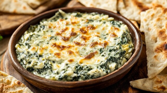 Close-up of rice and spinach and artichoke dip with pita bread in a ceramic dish, emphasizing creamy and savory nature. Ideal for appetizers and party snacks.
