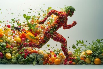 abstract figure in motion composed of fresh produce combining fruits and vegetables in a dynamic running pose