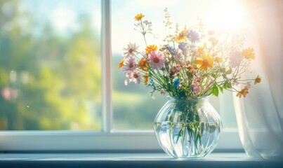 Clear glass vase filled with wildflowers, sitting on a windowsill with soft sunlight streaming through, creating a peaceful country charm