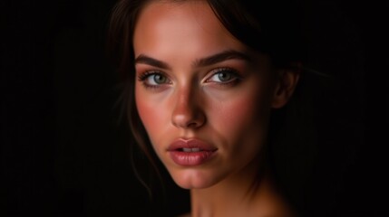 Fototapeta premium The image showcases a woman with a serene expression, set against a dark background.