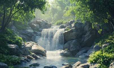 Cascading waterfall hidden in a rocky enclave, framed by lush greenery, radiating a sense of untouched wilderness.