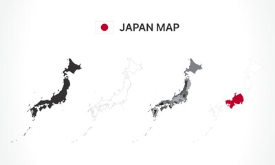 Detailed Japan Map Collection with Outline, Silhouette, Prefectures, and Flag Overlay Variations