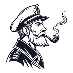 Ship captain black and white illustration, Vintage design style, tatto design, detailed vector design isolated on a white background