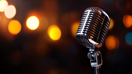 Vintage Chrome Microphone With Soft Bokeh Background Enhances Performance Atmosphere and Nostalgia of Live Events
