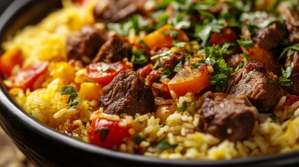 Close-up of rice and Turkish pilaf with lamb and vegetables in a traditional Turkish serving dish, emphasizing savory and rich qualities. Ideal for Turkish cuisine and festive meals.