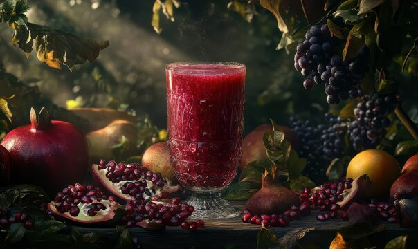 Elegant glass filled with ruby-red pomegranate juice, surrounded by fresh fruit and dark rustic textures, styled for a luxurious and healthy vibe