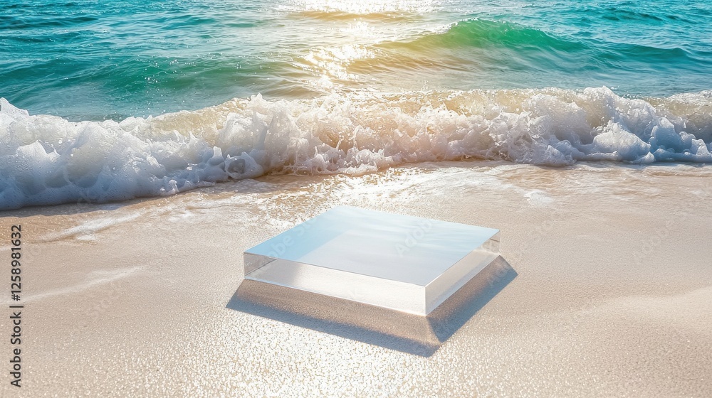 Poster a square object is on the beach, reflecting the sunlight