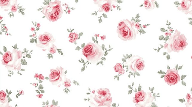 The wallpaper exudes a vintage shabby chic charm with its tiny pink roses pattern against a cream background. This design incorporates small and large floral patterns, highlighting floral line art