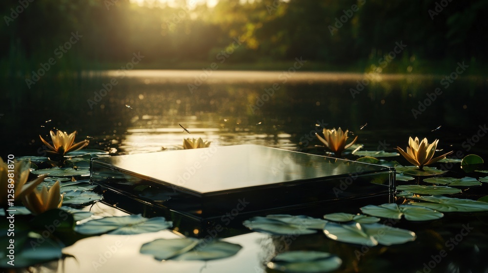 Poster A square object is floating on a pond with several lily pads surrounding it