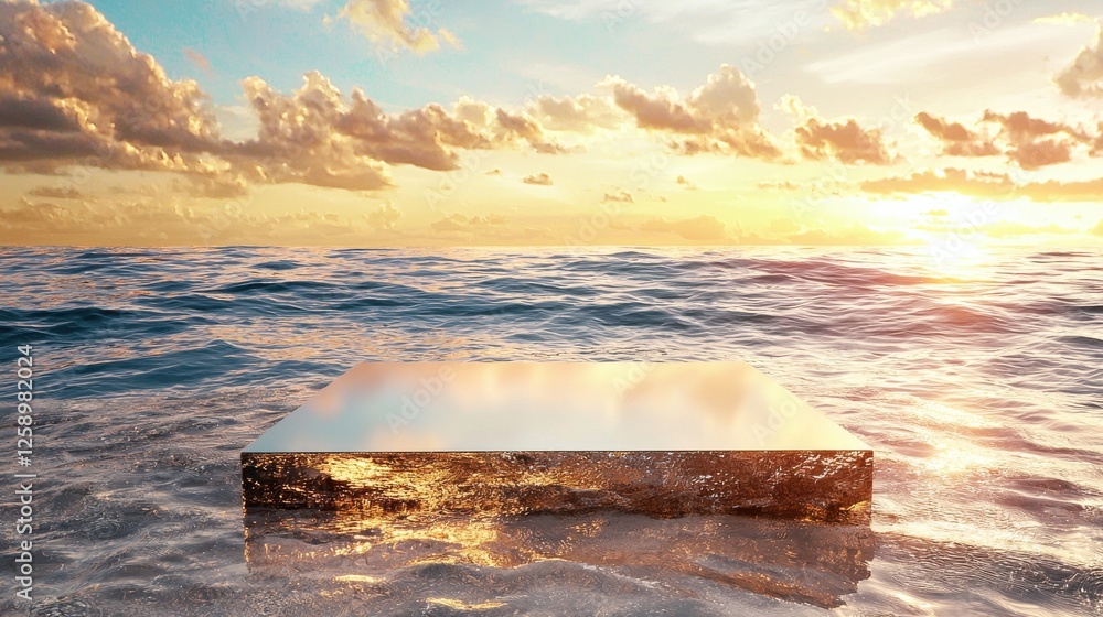 Poster a square object is floating in the ocean with the sun setting in the background
