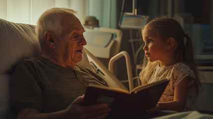 Grandfather reading a book to his granddaughter in a hospital, symbolizing love, wisdom, and generational connection