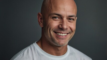 Obraz premium Smiling Man in Casual Shirt Posing for the Camera Against a Dark Background in a Relaxed Indoor Setting