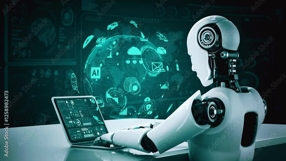 Poster robot hominoid use laptop and sit at table for global network connection using ai thinking brain , a