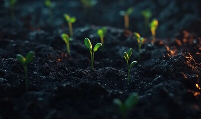 Close-up of green sprouts emerging from dark soil, rich earthy tones evoking themes of growth, sustainability, and new beginnings