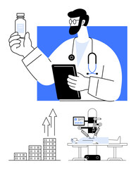 Doctor holding vial and tablet, robotic surgical device in action, ascending bar graph. Ideal for medical research, innovation, technology, healthcare industry, growth, robotics and abstract line