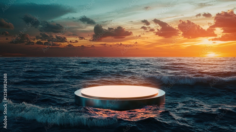 Poster a large, round, silver object is floating in the ocean