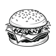 Burger vector illustration black and white, tatto design concept, detailed vector design isolated on a white background