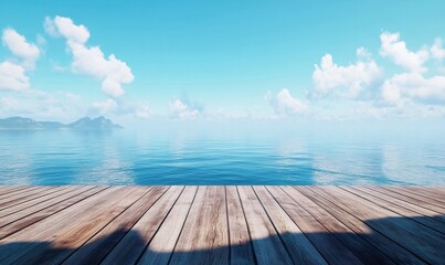 Empty wooden deck with a clear blue sky and calm ocean beyond, inviting serenity and relaxation