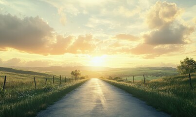 Obraz premium Endless countryside road under a dramatic sky, with the horizon bathed in warm sunlight for a peaceful and open landscape
