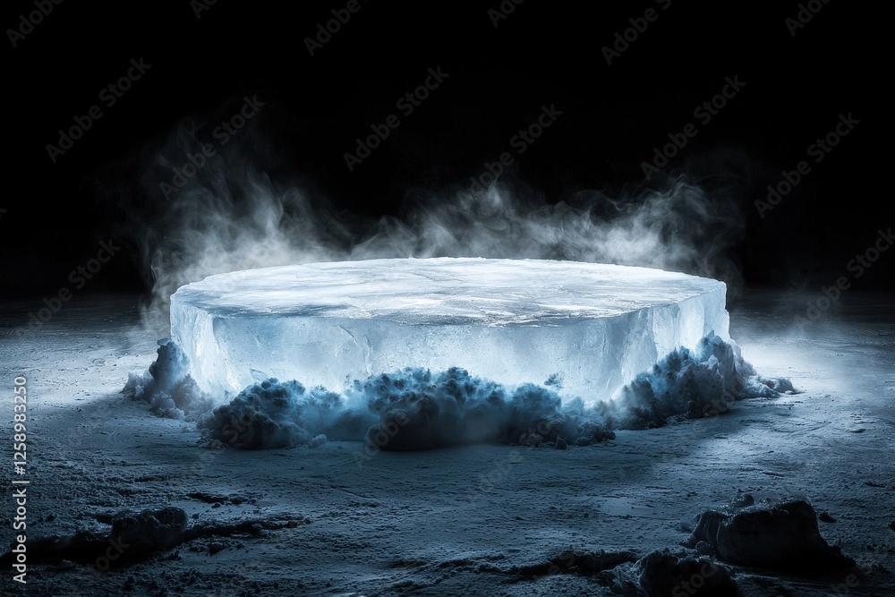 Poster a large ice block with smoke coming out of it
