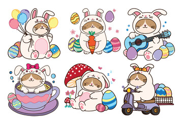 Cute Cartoon Rabbits with Easter Eggs and Festive Accessories