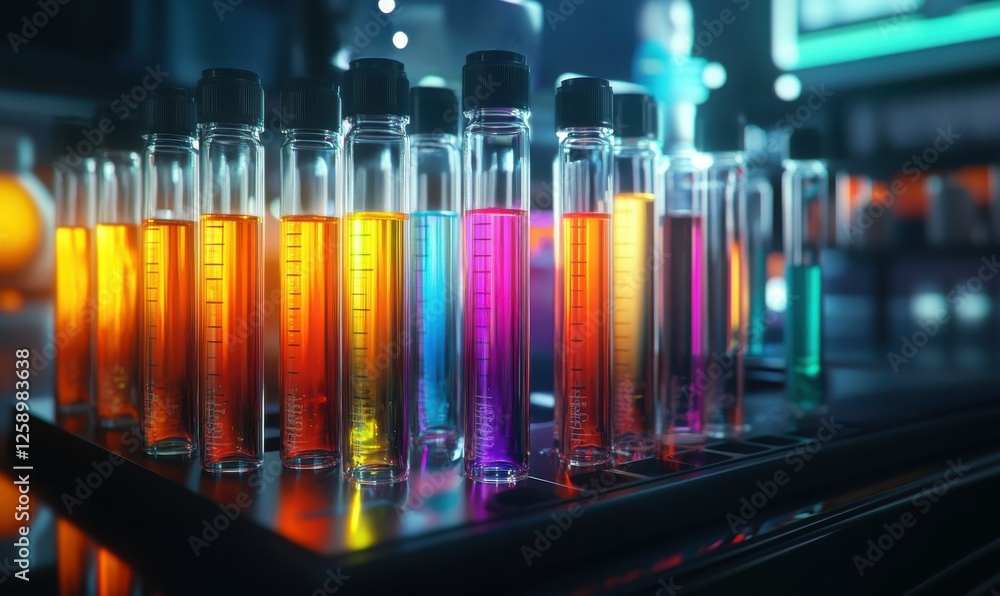 Poster collection of colorful test tubes filled with various bright liquids arranged neatly on a lab bench,