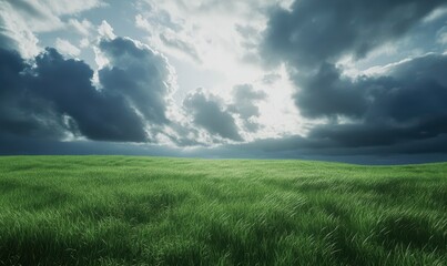 Obraz premium Dramatic storm clouds over a vast green field, styled to evoke natural power and beauty