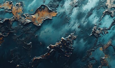 Rustic metal surface with faded turquoise paint and patches of rust, creating a textured industrial backdrop full of character