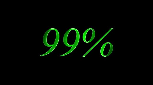 99%  percent neon glowing sign on black background loop animation. 4k video text Animated