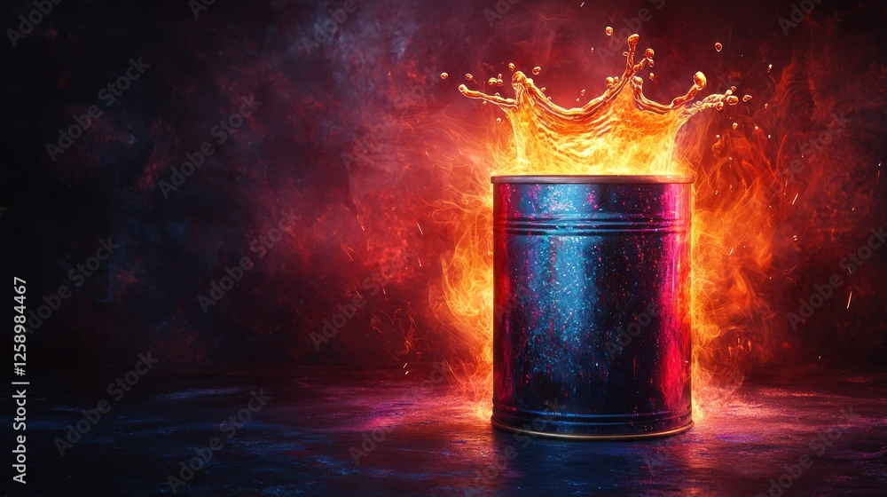 Poster flaming liquid explodes from metal container