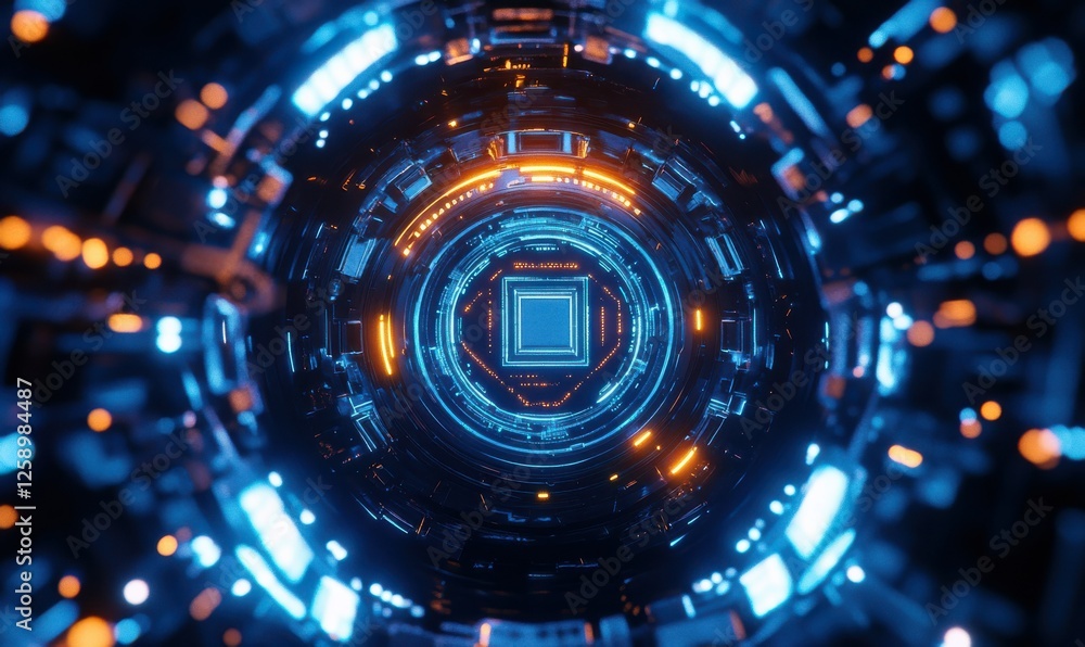 Aufkleber detailed view of futuristic glowing ai chip surrounded by neon blue circuits, sharp focus on advance