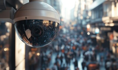 Detailed view of a surveillance camera focusing on a crowded city street, clean metallic design with sharp lens reflections, high-tech urban security concept