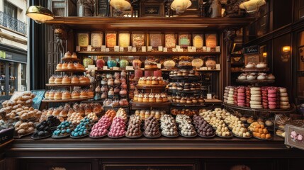Colorful pastries and chocolates displayed in a charming shop window.