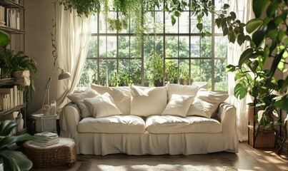 Cozy living room filled with natural light, decorated with neutral tones, soft cushions, and fresh greenery for a peaceful and inviting atmosphere.