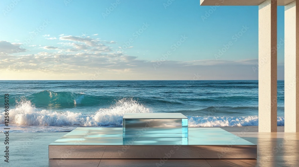 Poster a beautiful ocean view with a white building in the background